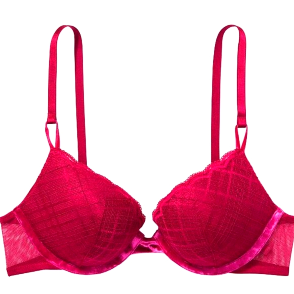 🥀 NWOT VS Dark Fuchsia Plaid Scalloped Underwire Sexy Push-Up Bra - 38D - Picture 5 of 16
